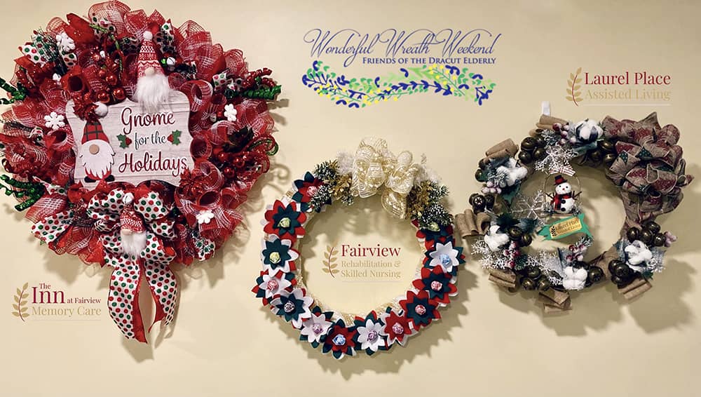 Decorative wreaths displayed on a wall