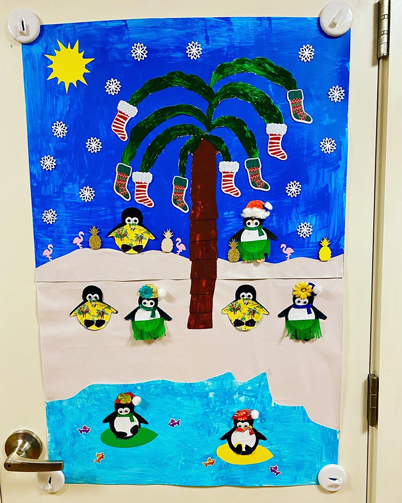 Colorful holiday-themed decoration on a door