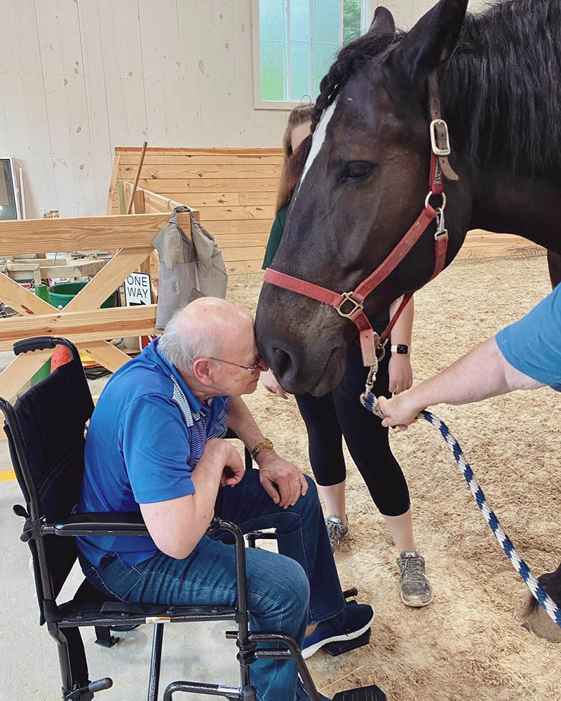 Resident interacting with a therapy horse indoors