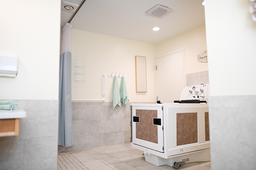 Clean and well-lit bathroom with accessible features