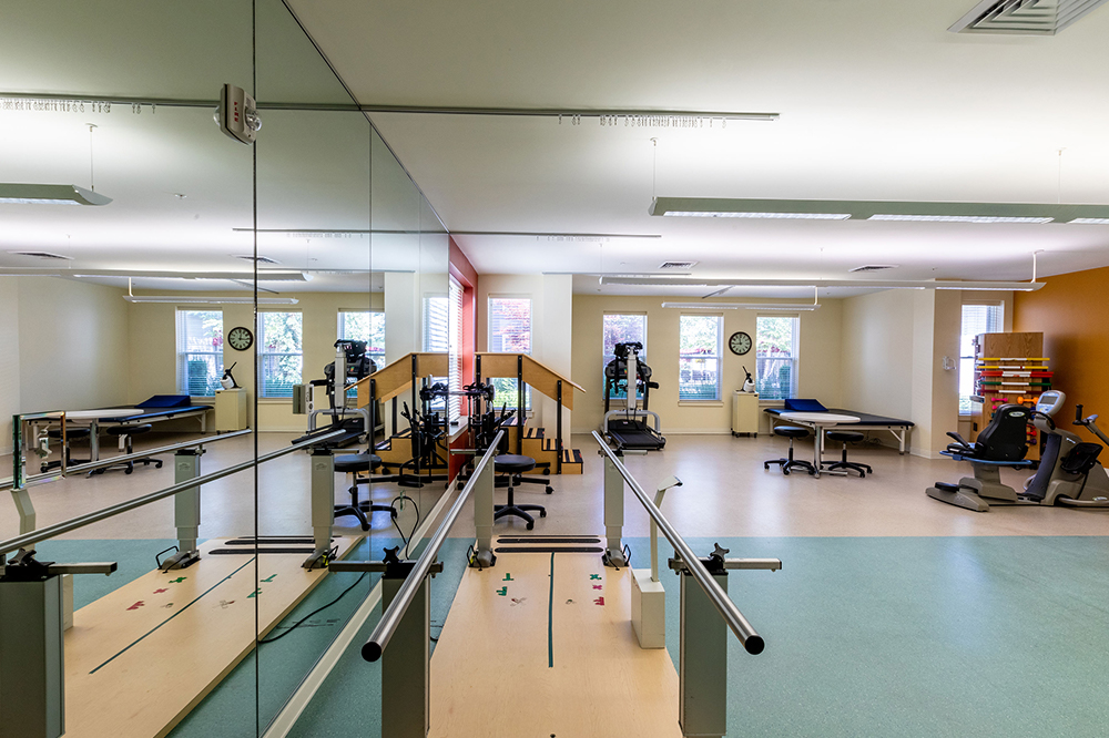 Interior view of a rehabilitation gym with equipment