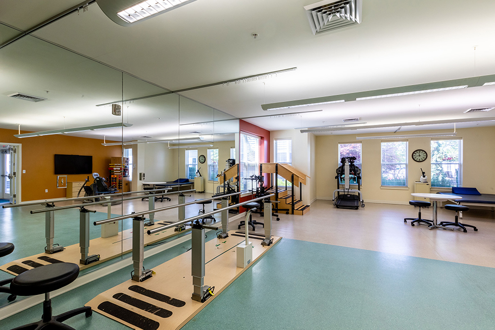 Rehabilitation gym with exercise equipment and therapy bars