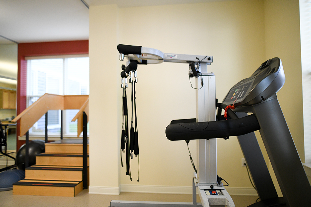 Gym equipment in a senior living interior space