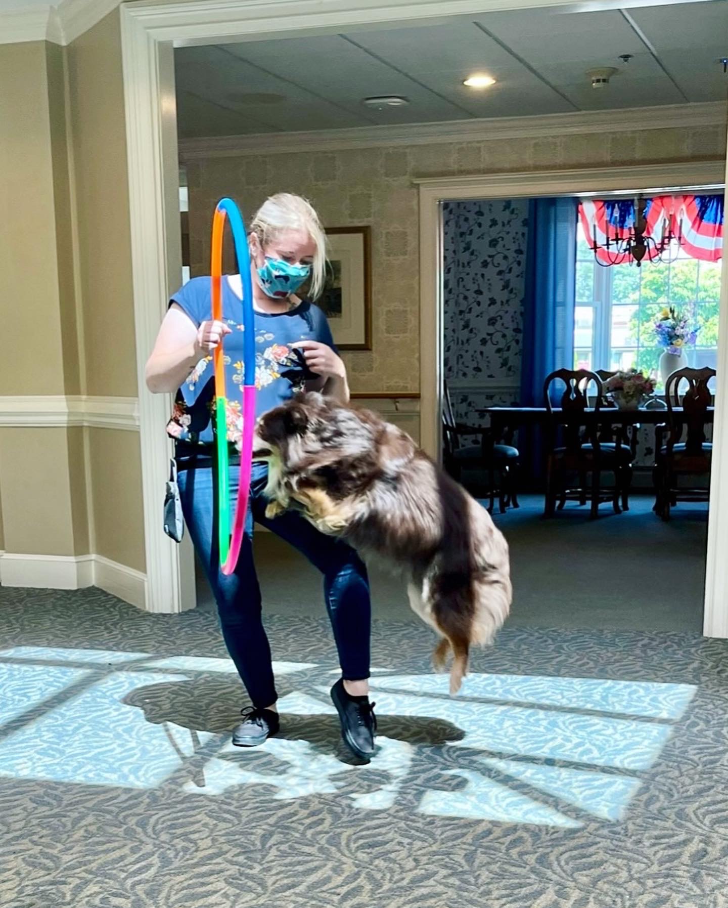 Staff member engaging with a pet during an indoor activity