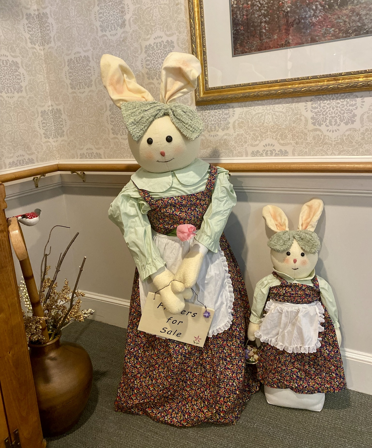 Decorative bunnies displayed in a common area