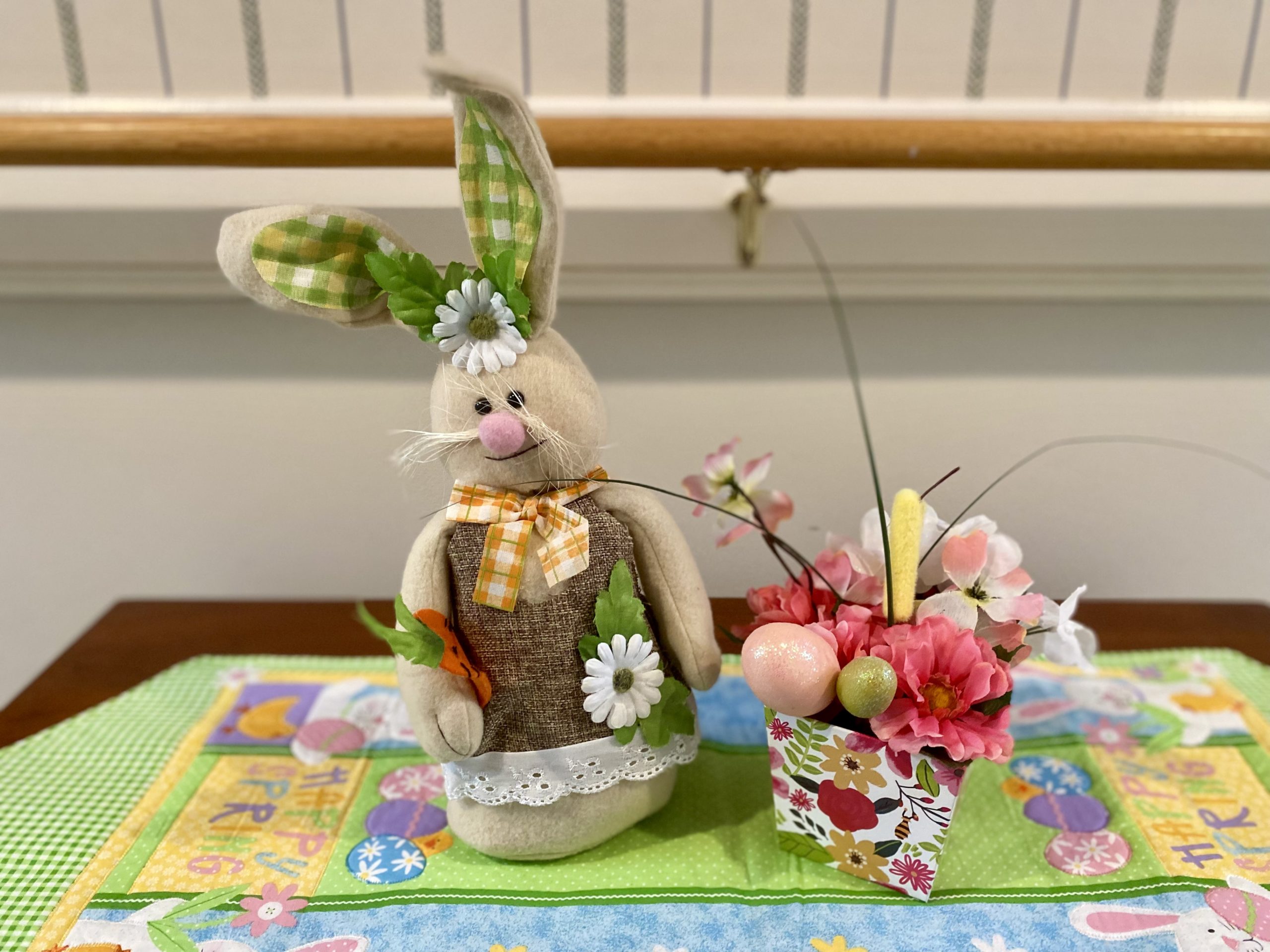 Decorative Easter-themed bunny and flower arrangement