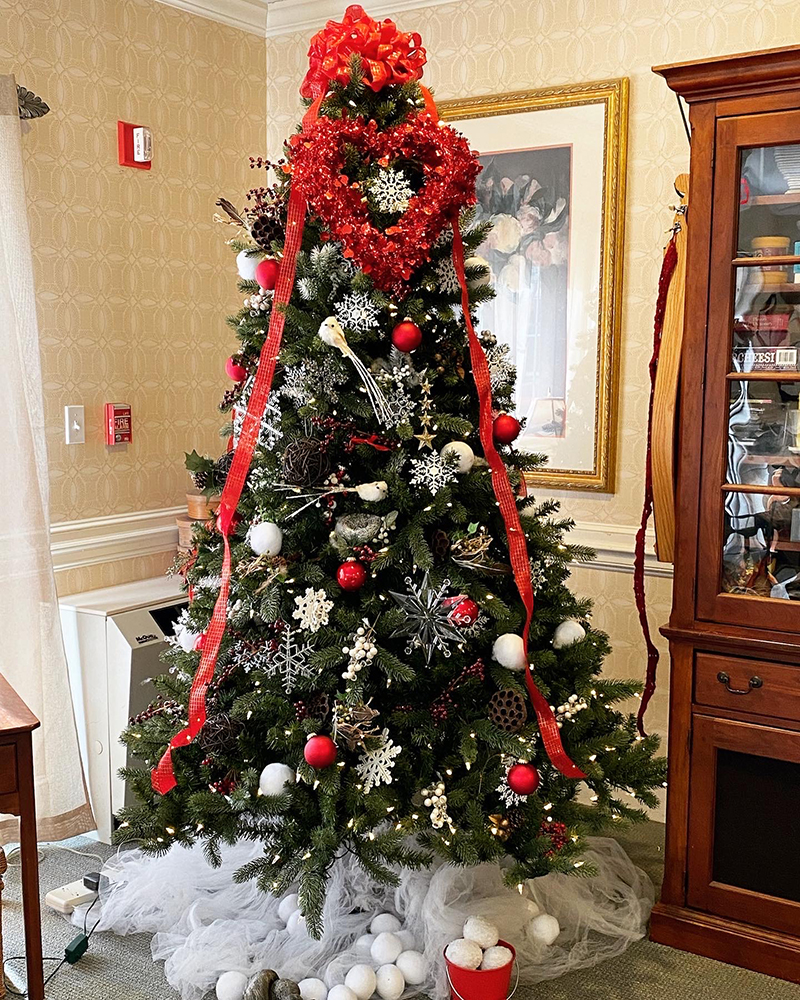 A beautifully decorated Christmas tree in the facility's common area