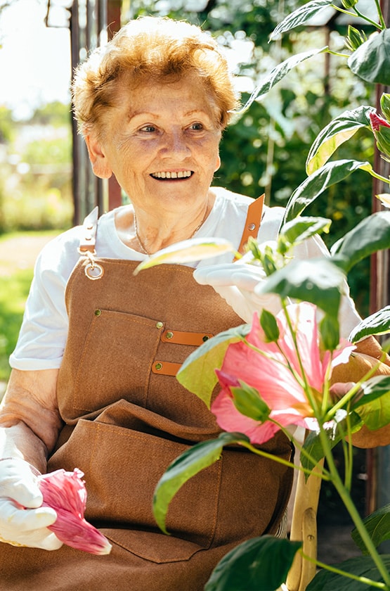 Senior woman gardening with flowers in an outdoor space