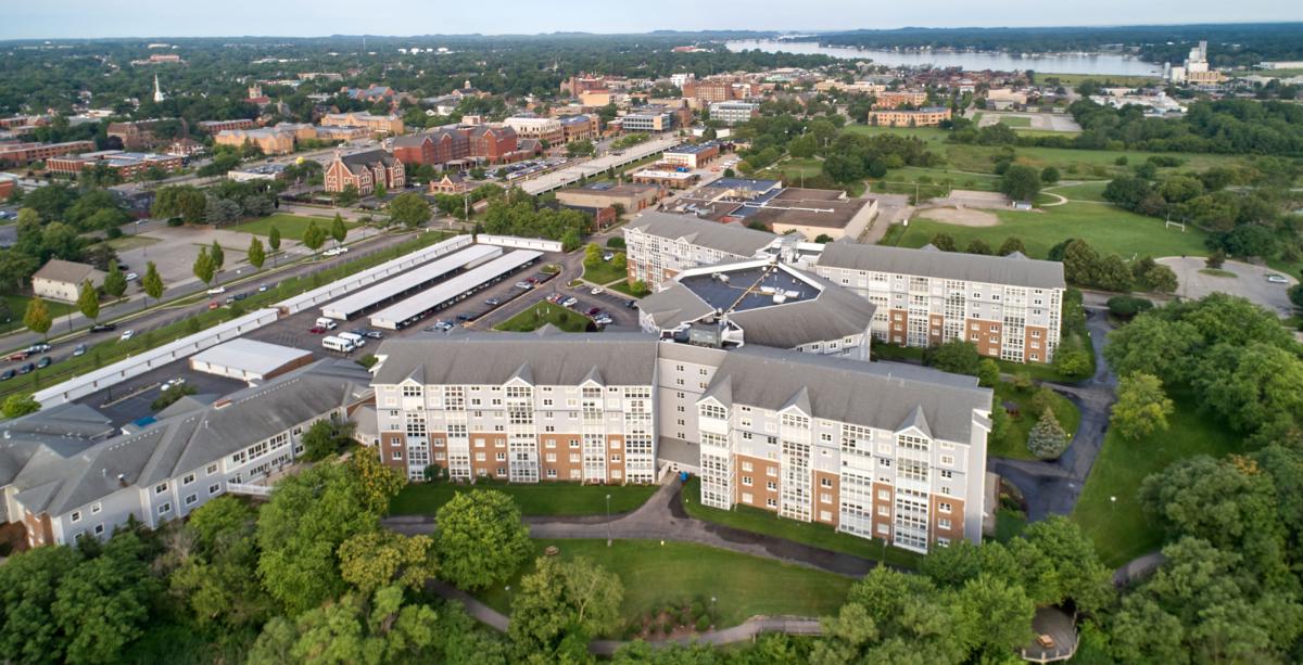 Aerial view of the Freedom Village campus with buildings and greenery