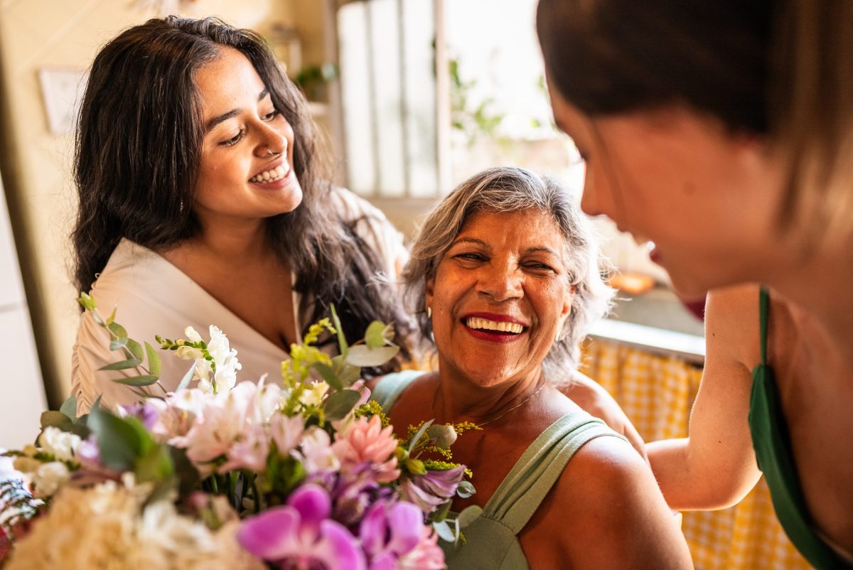 Residents enjoying time together with flowers
