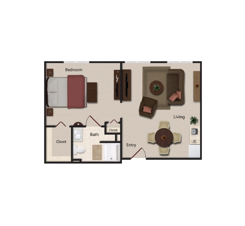 Interior floor plan of a living unit with labeled rooms