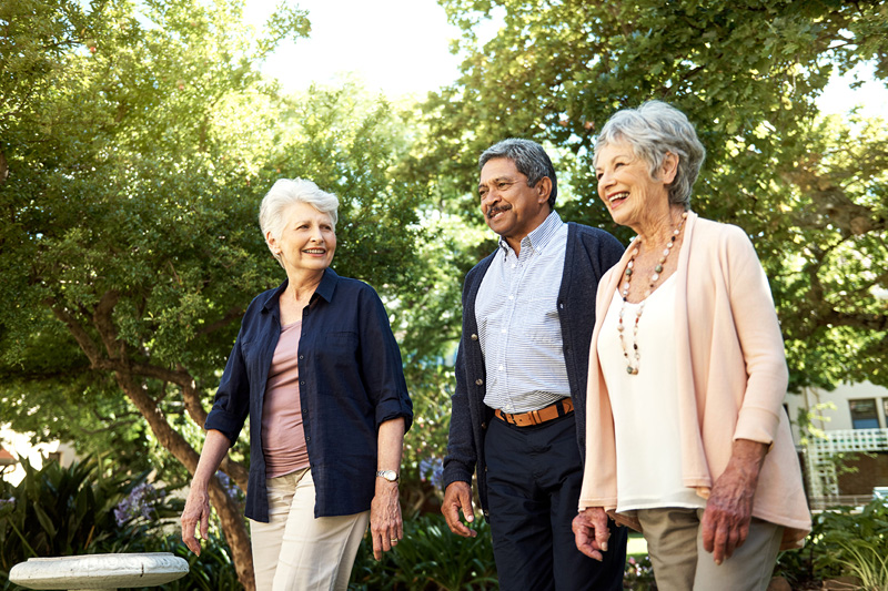 Three seniors enjoying a walk in a garden