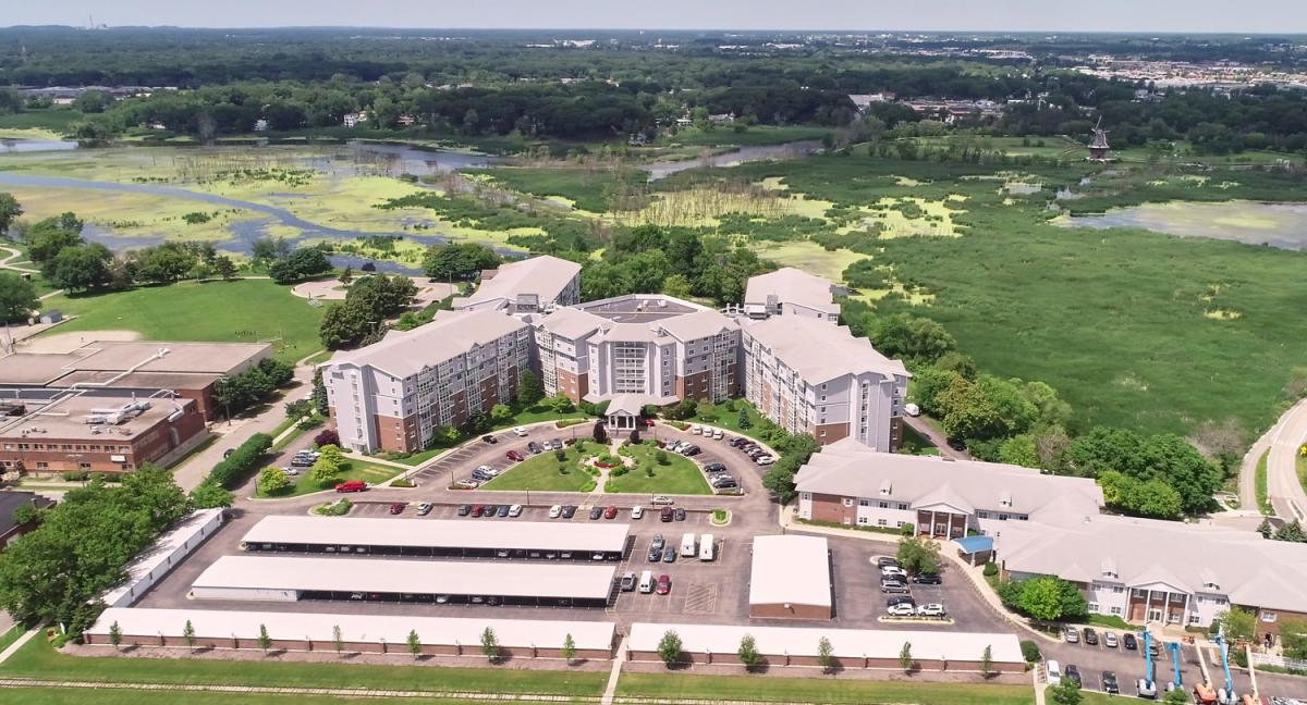 Aerial view of Freedom Village campus and surrounding nature