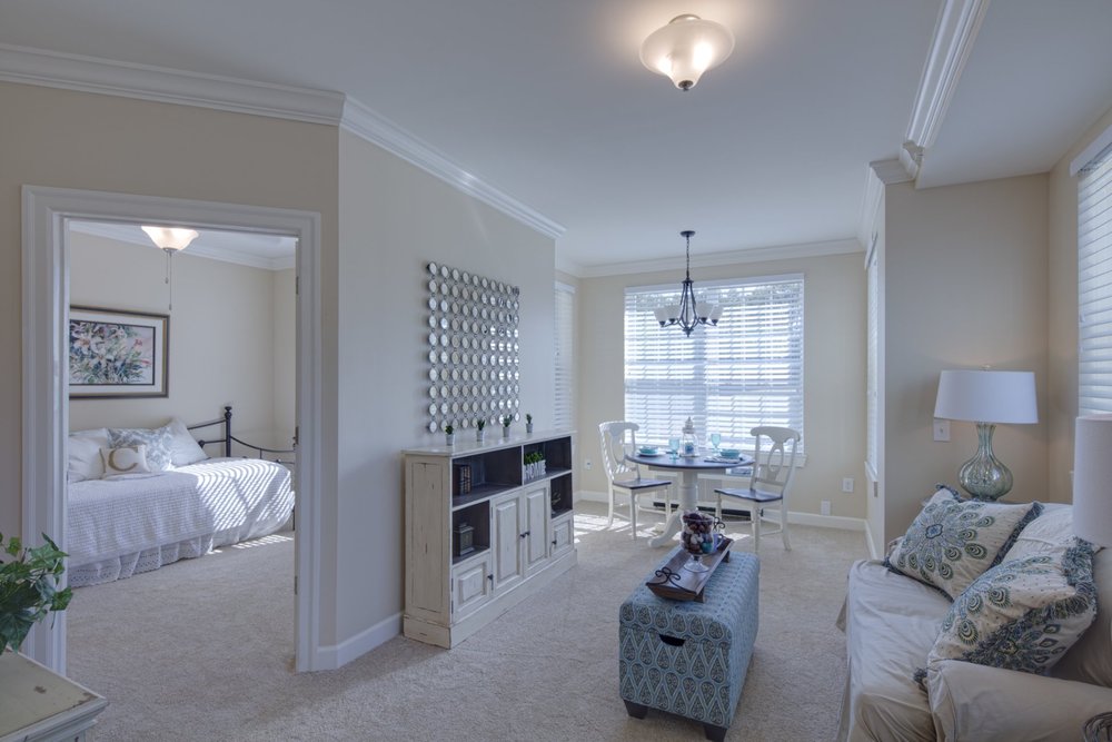 Brightly lit interior of a resident room