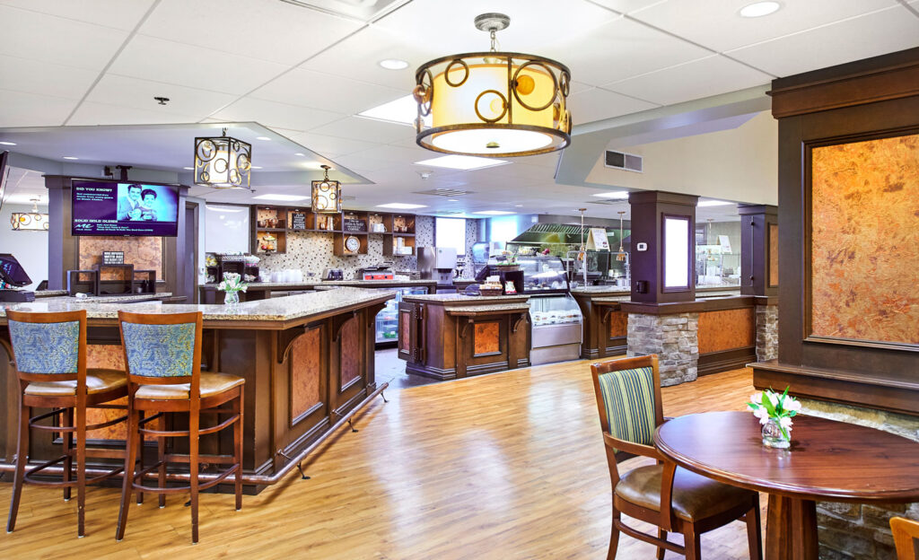 Interior dining area with seating and food service