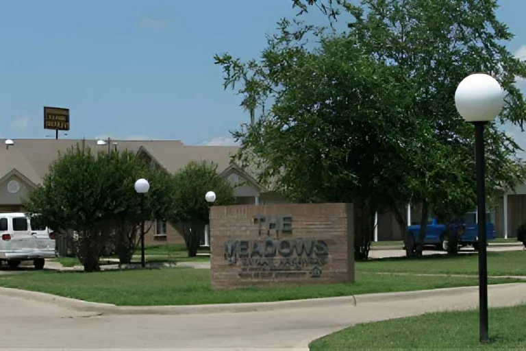 Exterior view of The Meadows senior living facility entrance