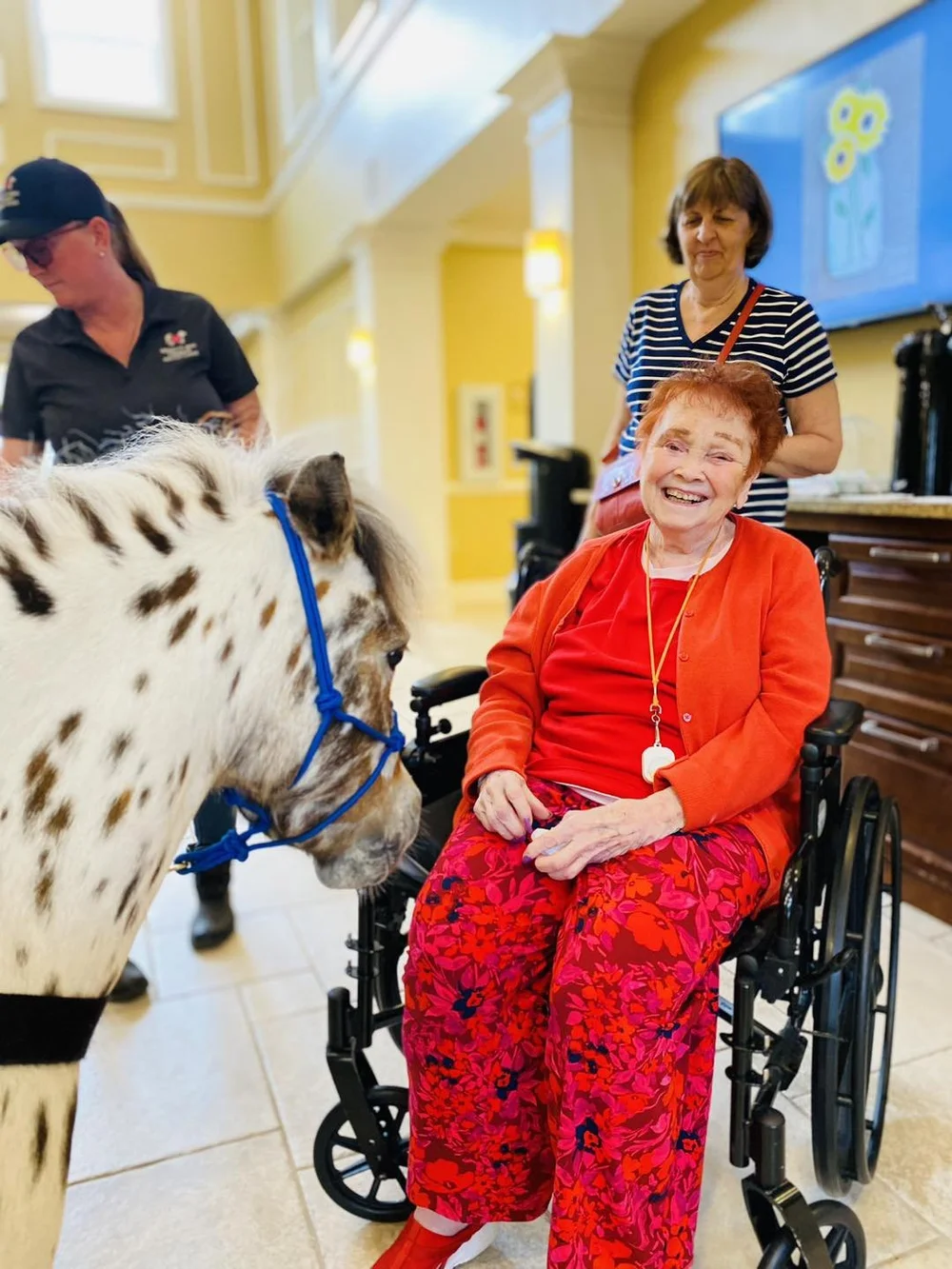 Residents interacting with a therapy pony in a common area