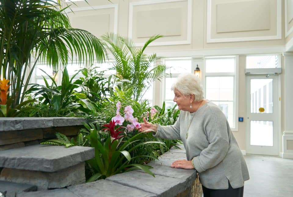 A resident tending to flowers in a bright indoor garden