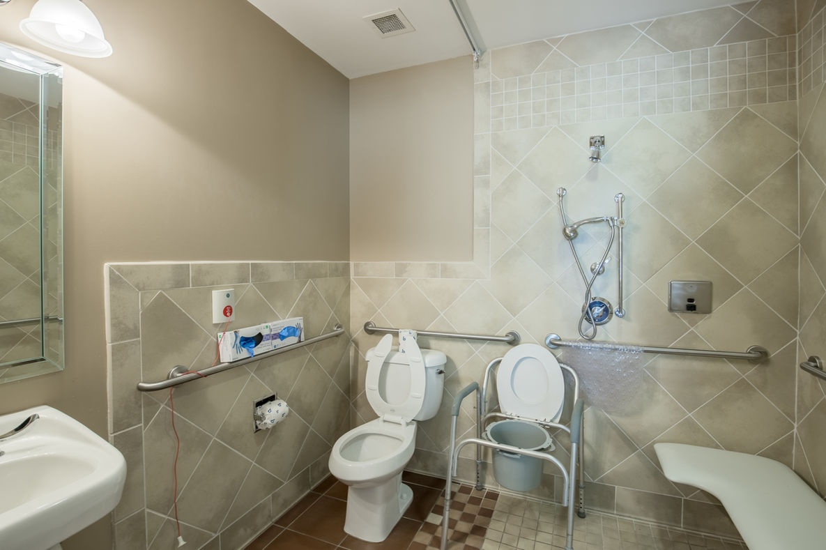 Accessible bathroom with grab bars and shower