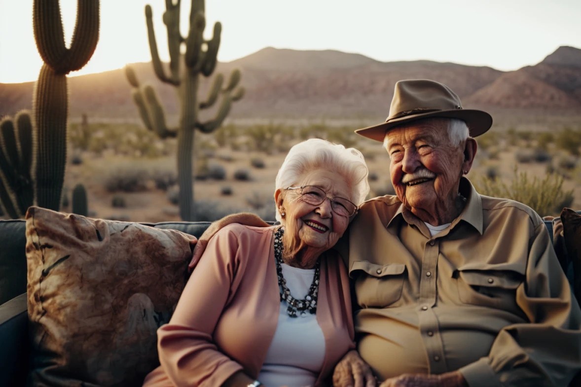 Elderly couple enjoying a sunset in a desert setting