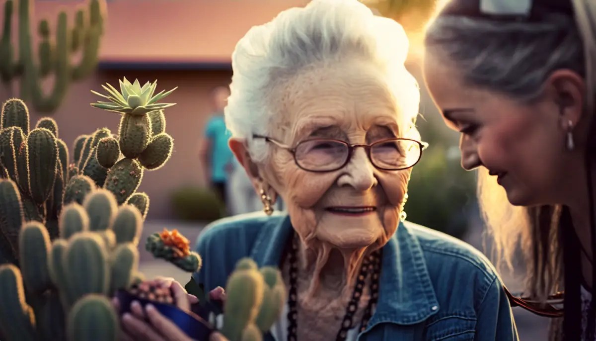 A senior woman enjoying gardening with a caregiver