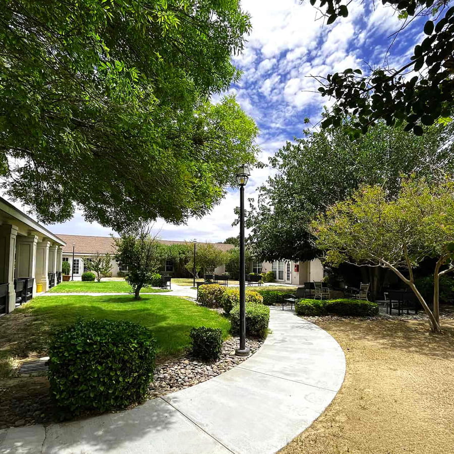 Serene landscaped outdoor pathway at Simpatico