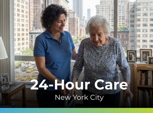 Caregiver assisting a senior woman indoors.