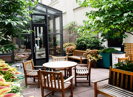 Outdoor seating area with wooden chairs and plants.