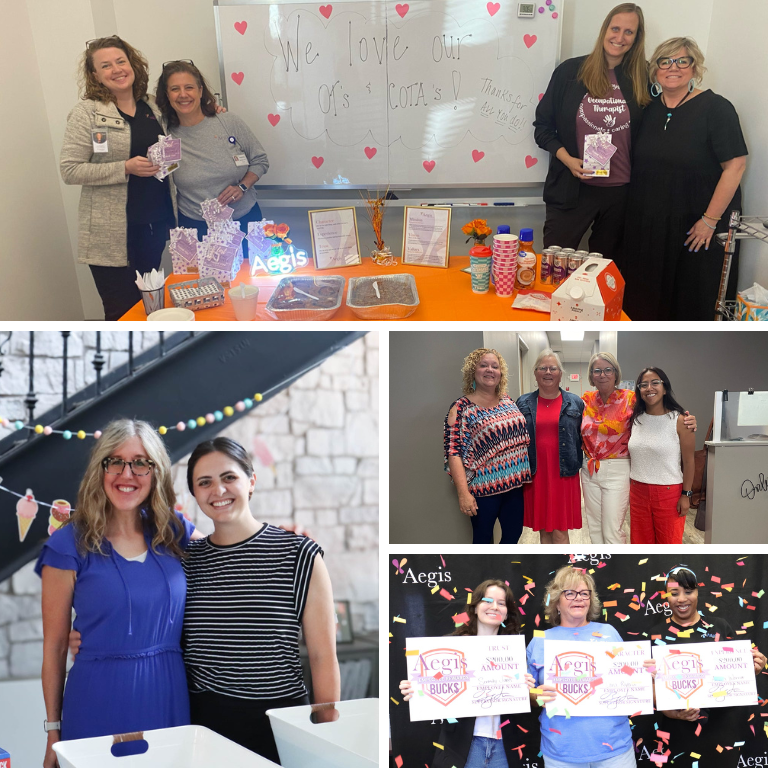 Residents and staff celebrate with food and decorations.