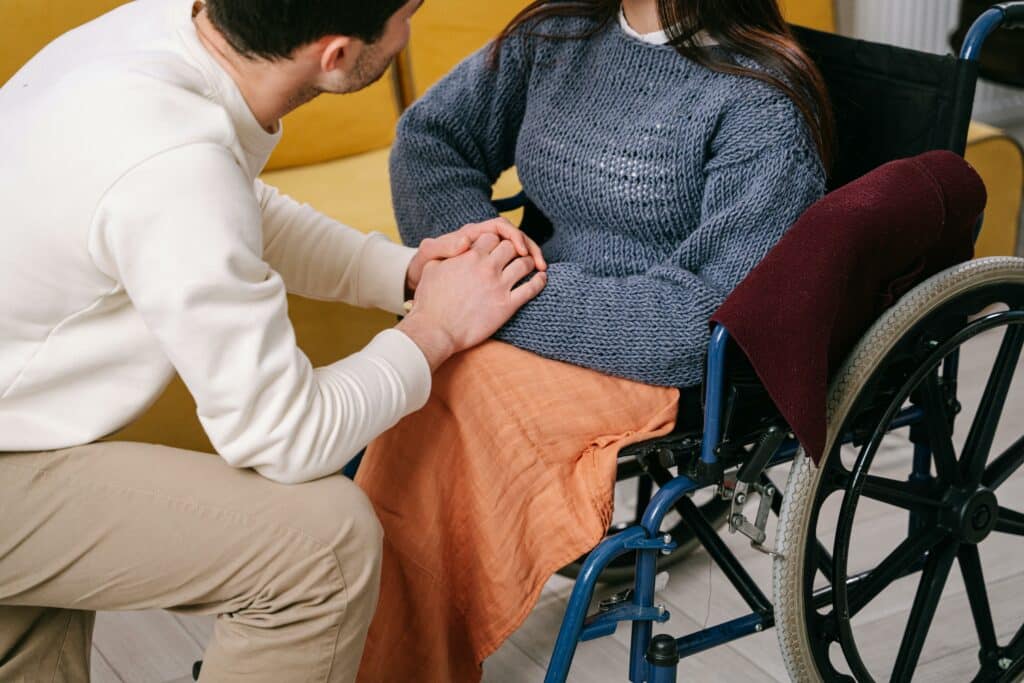 Caregiver and resident share a moment together.