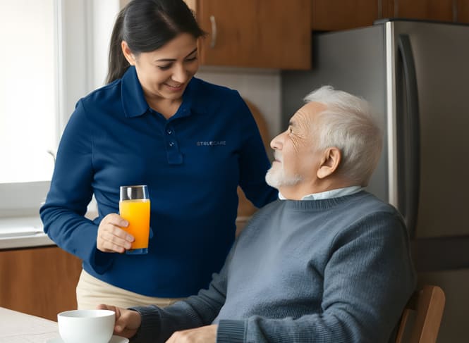 Caregiver and elderly man in a kitchen setting