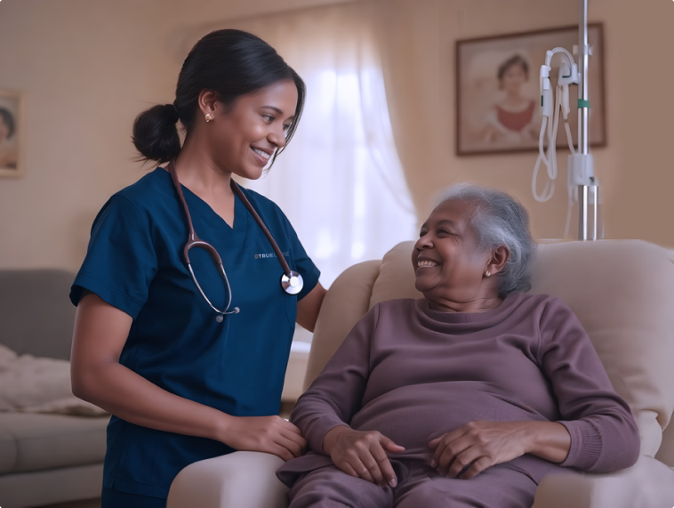 Nurse smiling with a senior resident in a care setting.
