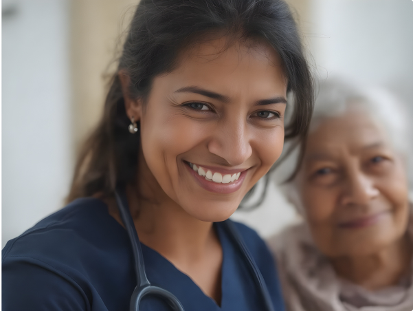 Smiling nurse with an elderly resident