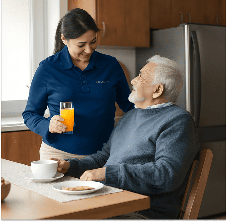 Staff member serving juice to a resident