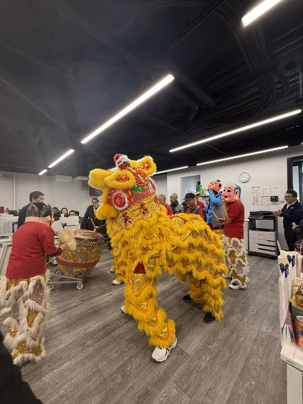 Residents participating in a cultural celebration with lion dance.