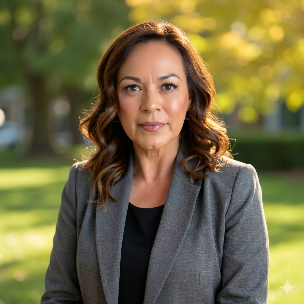 Professional woman in business attire outdoors