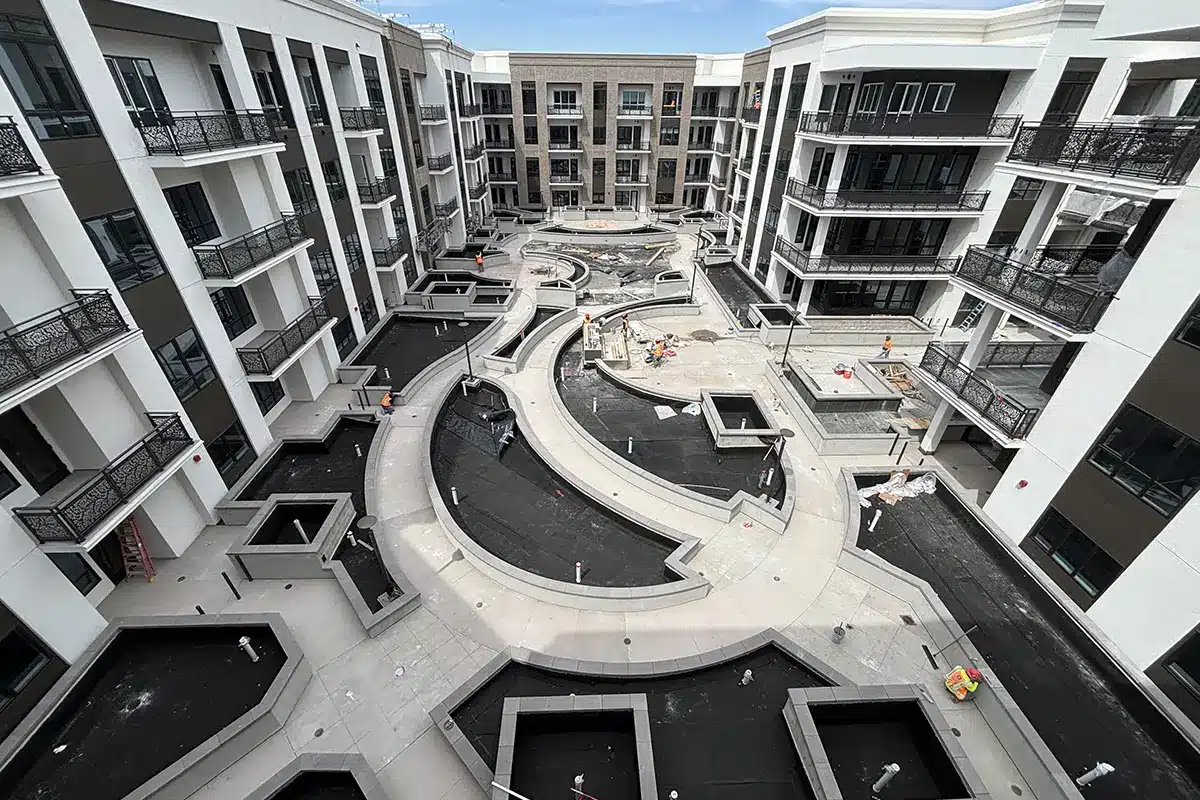 Aerial view of a construction site with pathways.