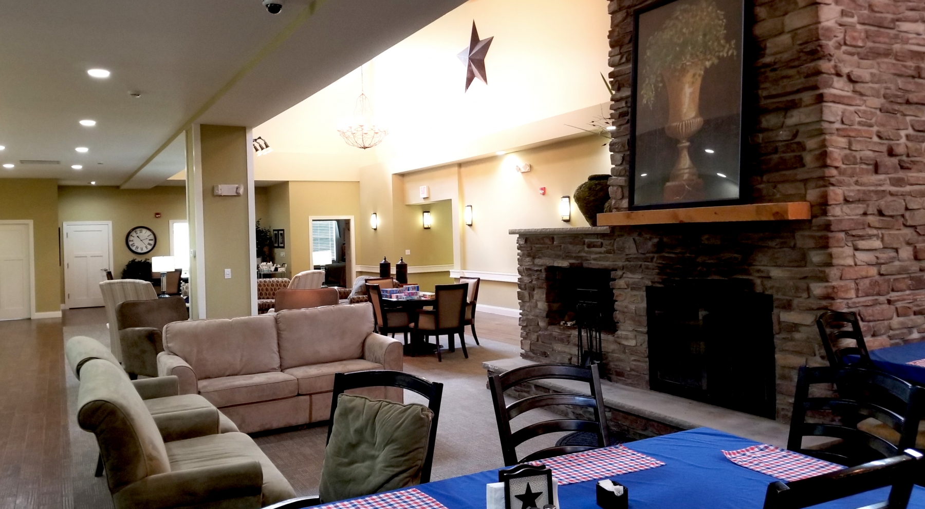 Interior view of a common area with seating.