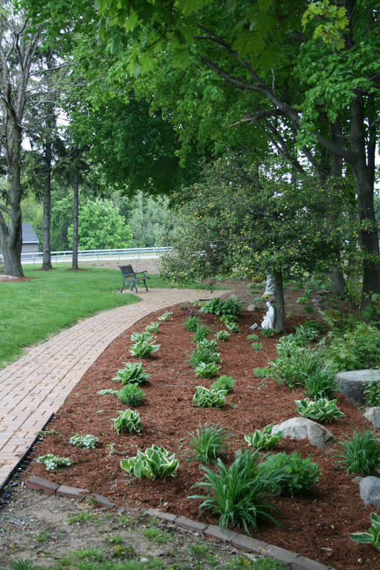 Well-maintained garden path with plants and seating.