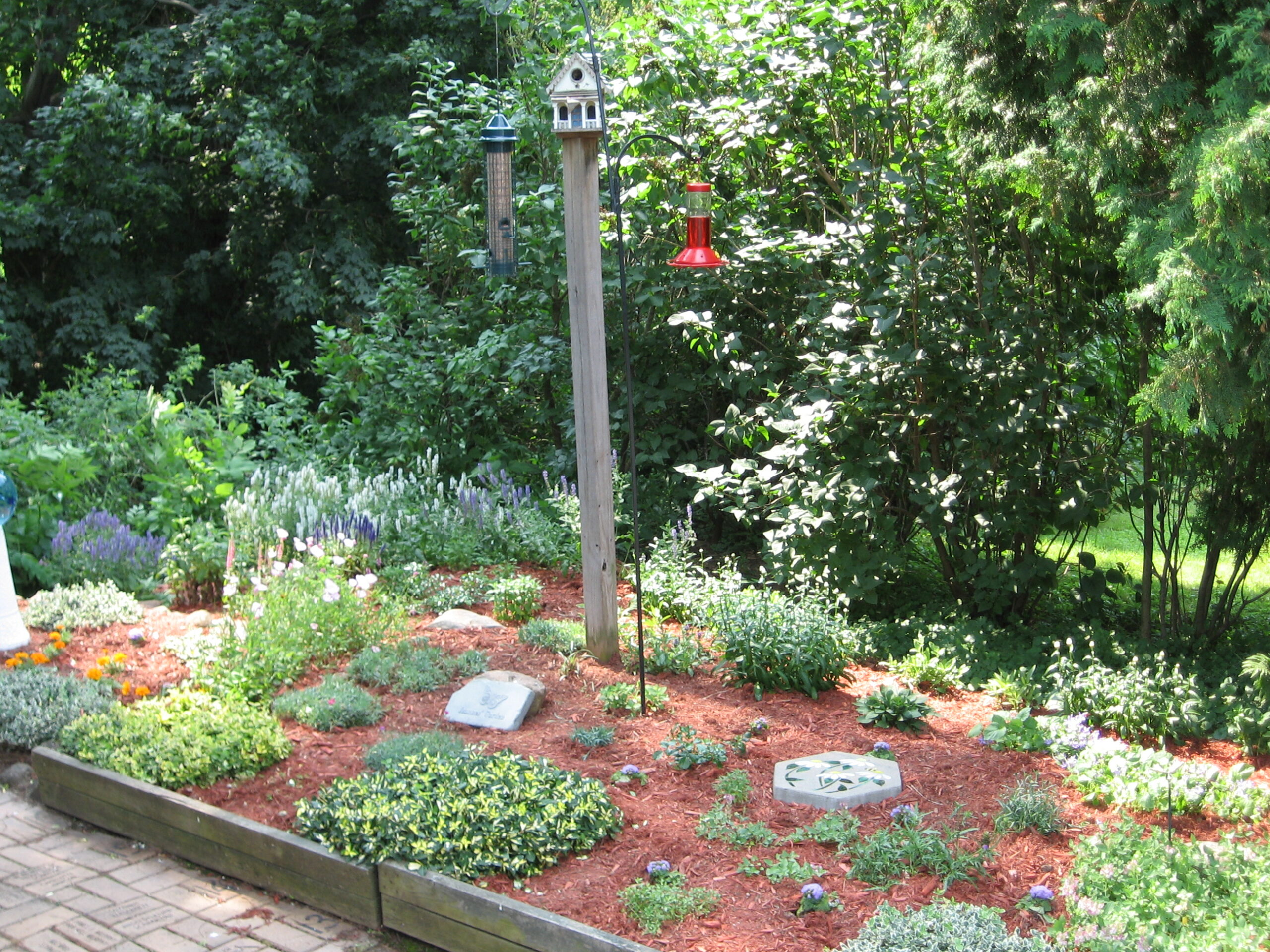 Well-maintained garden area with bird feeders