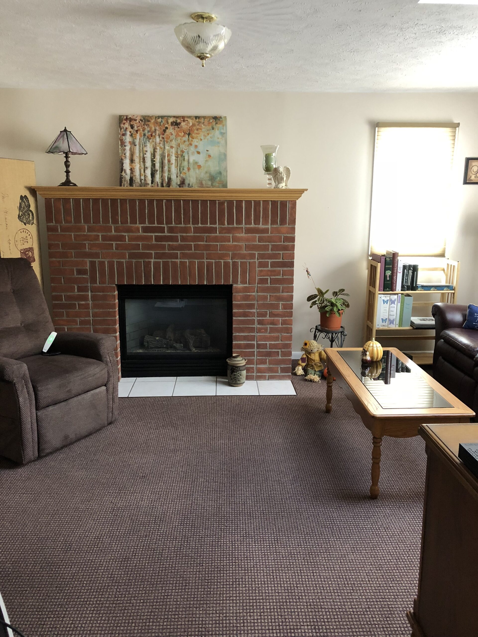 Cozy interior space with a fireplace and seating