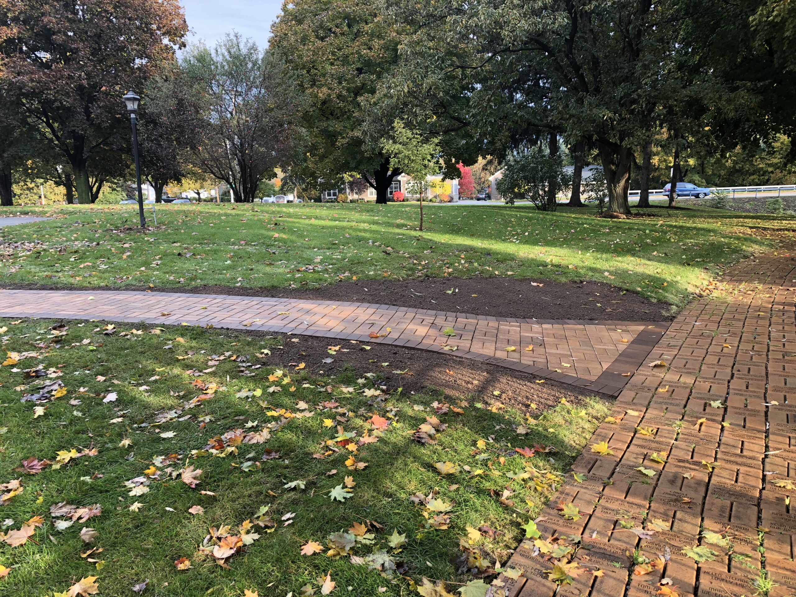 Walkway in a landscaped outdoor area with autumn leaves
