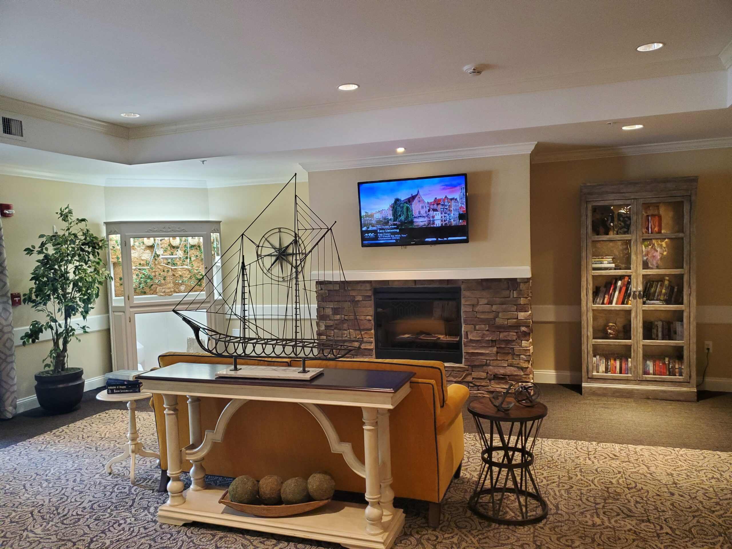 Interior view of a cozy lounge area with decor