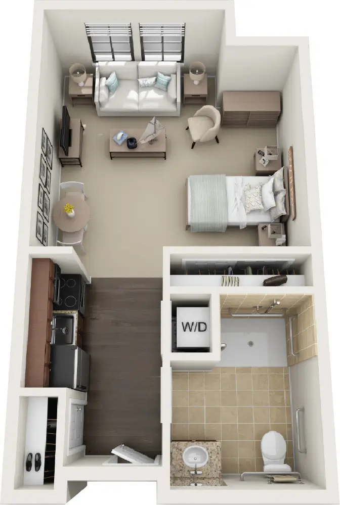 Floor plan of a senior living unit with living and bedroom areas