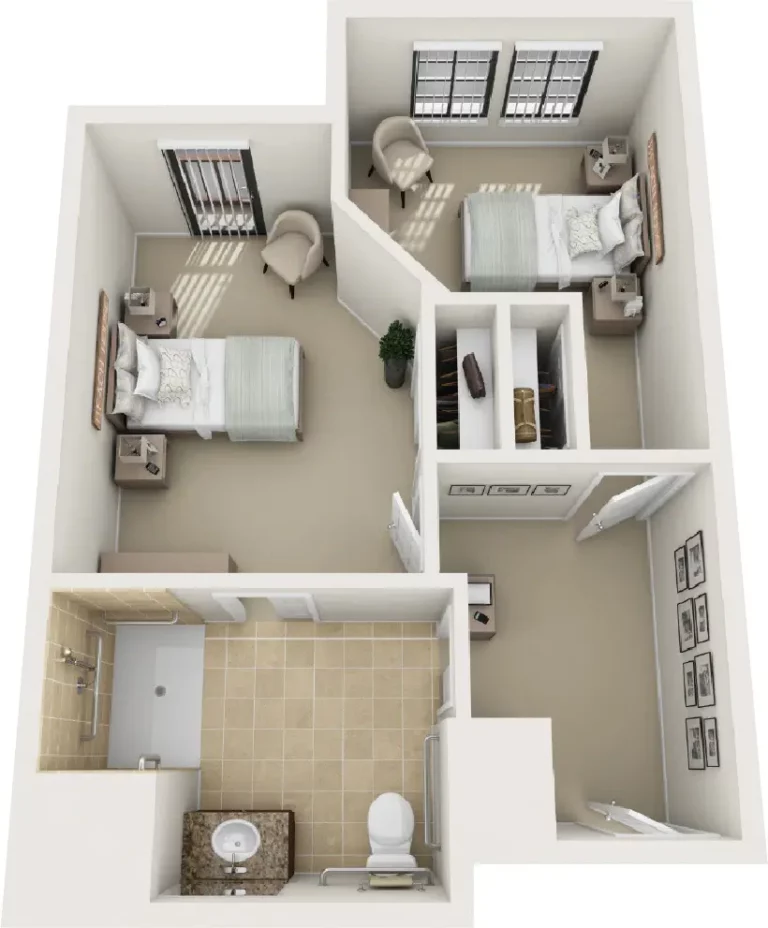 Architectural floor plan of a resident room layout