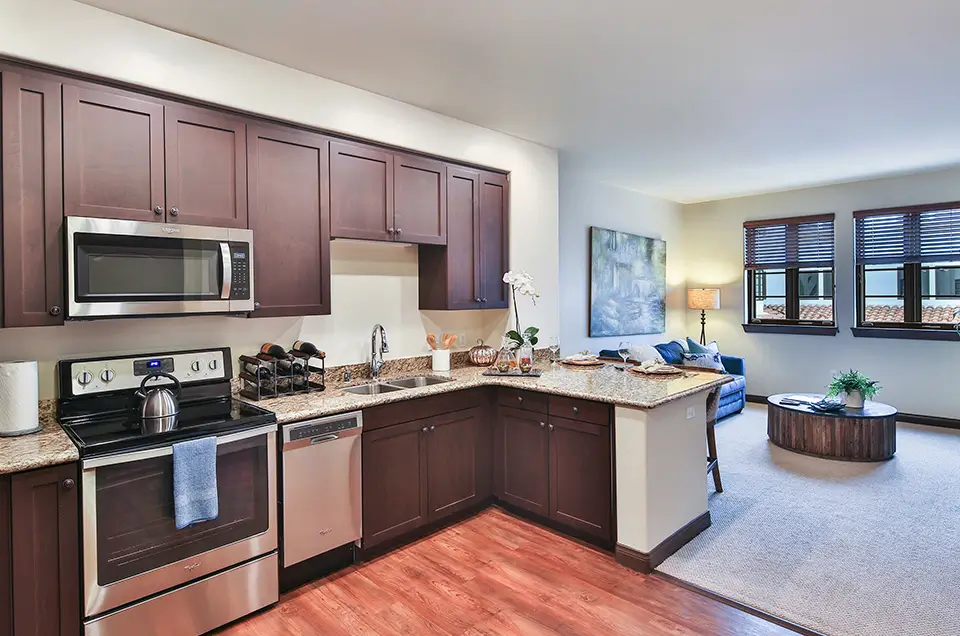 Modern kitchen layout in a senior living space