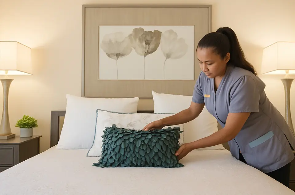 Staff member arranging a pillow on a neatly made bed
