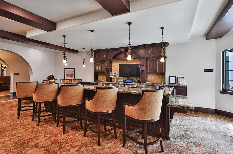 Bright interior common area with a bar counter