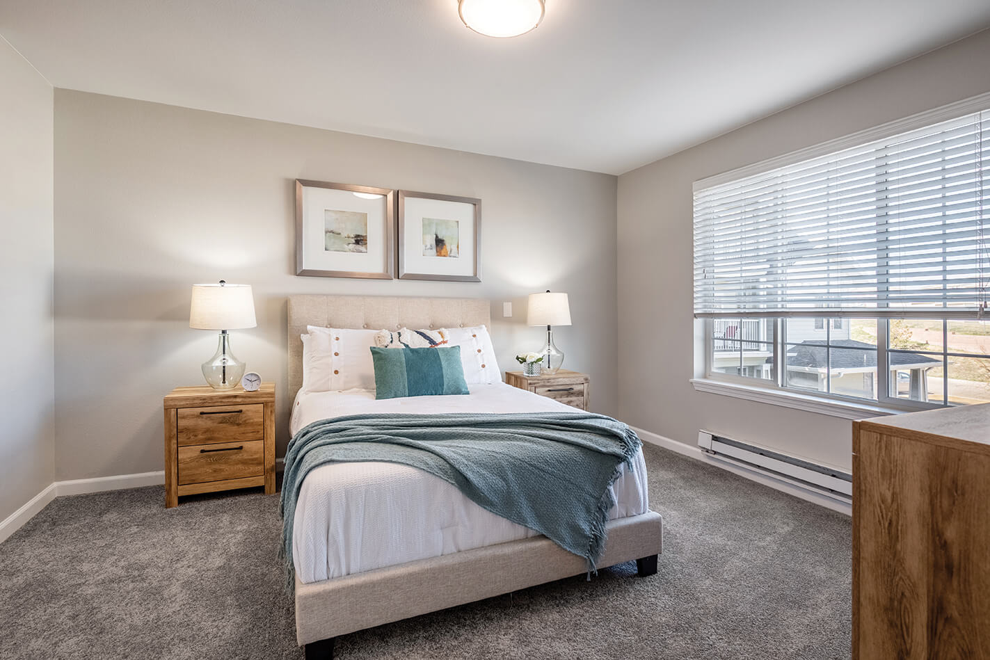 Cozy interior of a resident bedroom with warm decor