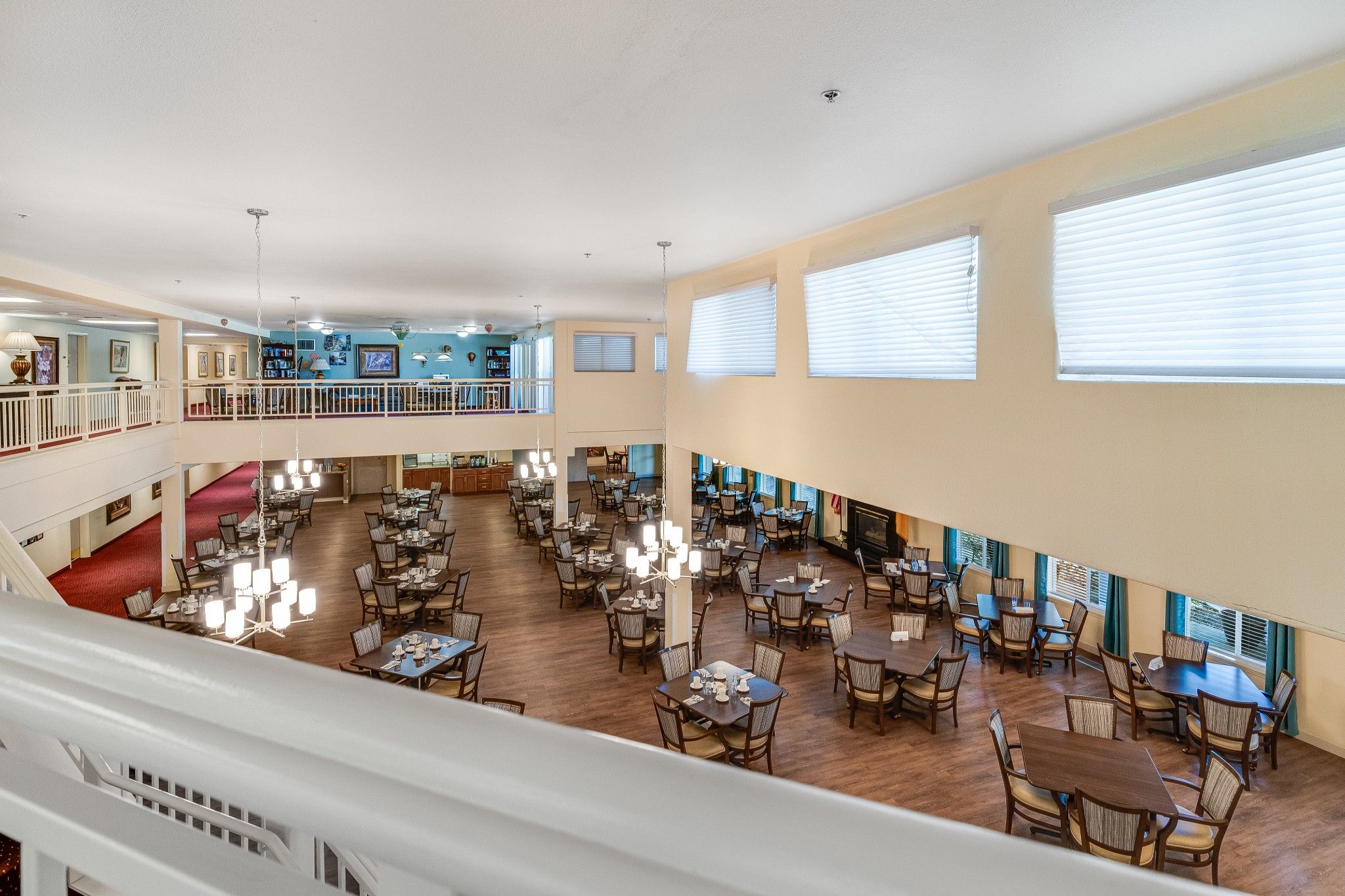View of a spacious dining room with tables
